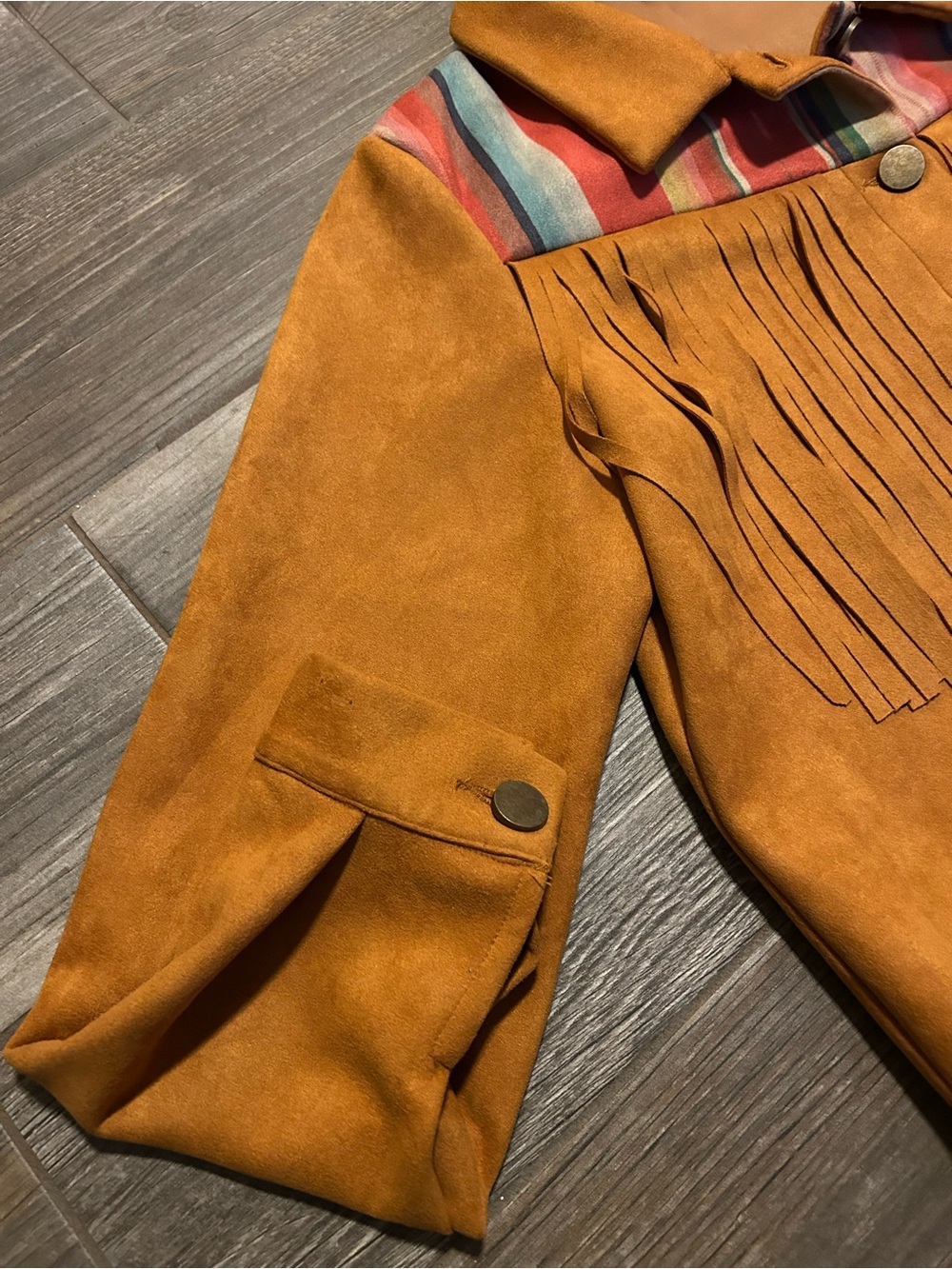 Fringed Suede (Like) Western Jacket in Tan with Multicolor Yoke Fashion Express - Picture 11 of 14
